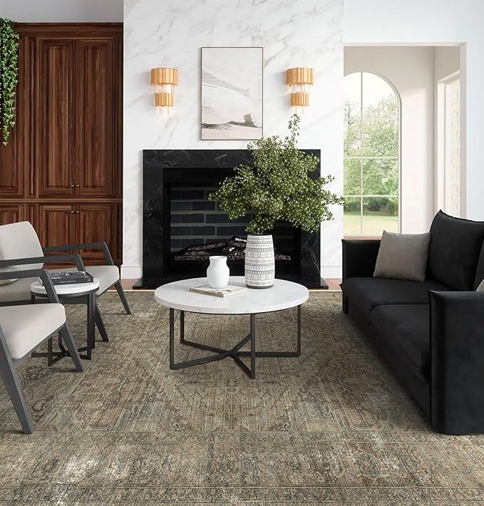 vivorug 8x10 Area Rugs for Living Room, Non-Slip Backing Washable Rug 8x10, Large Area Rug Soft Carpet for Bedroom Dining Room, Vintage, Easy Clean, Durable, Low Pile Rug Under Table, Olive