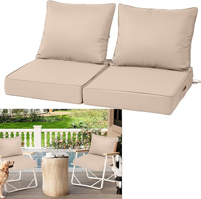 Outdoor Deep Seat Cushions for Patio Furniture Set of 2, Waterproof Outdoor Chair Cushions 24 x 24 x 4'' Patio Furniture Cushion with Fade Resistant Removable Cover, Handle & Straps, Khaki