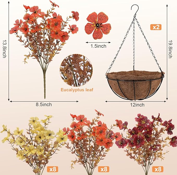Geegoods 2 Set Artificial Hanging Basket Fall Flowers for Outdoor, Fake Faux UV Resistant Look Real Mixed Mums Plants for Autumn Porch Patio Balcony Yard Home Decor