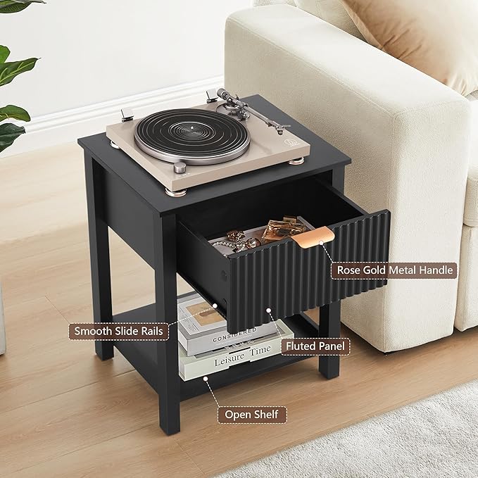 Modern Night Stand Set 2 with Drawer, Black Nightstand for Bedroom, Small End Table with Storage, Living Room/Bed Side Table with Drawer for Small Spaces, Fluted Nightstand Set of 2