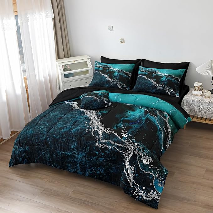 Black Marble Comforter Set 8 Pcs Turquoise Blue Bedding Set King Size Bed in A Bag Blue and Black Stone Texture Abstract Room Decor Black Marble Bed Comforter