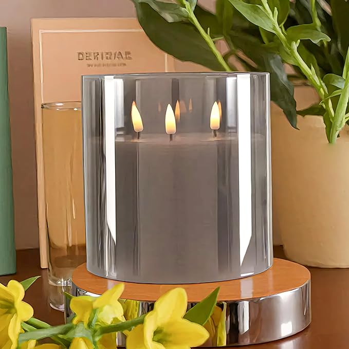 NICEME Extra Large 3 Wick Battery Operated Candle, 6"x6" Big Clear Glass Flameless Candles with Remote, Real Wax Flickering Led Pillar Fake Giant Candle for Wedding Party Holiday Home Decor, Grey