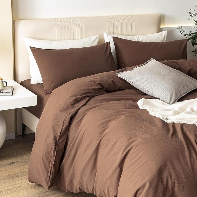 JIYUAN 100% Washed Cotton Duvet Cover Set 3 Pieces Cal King, 1 Duvet Cover 104x98 Inches(Comforter Not Included) and 2 Pillowcases,Linen Feel Bedding Set Comfy and Breathable,Chocolate Brown
