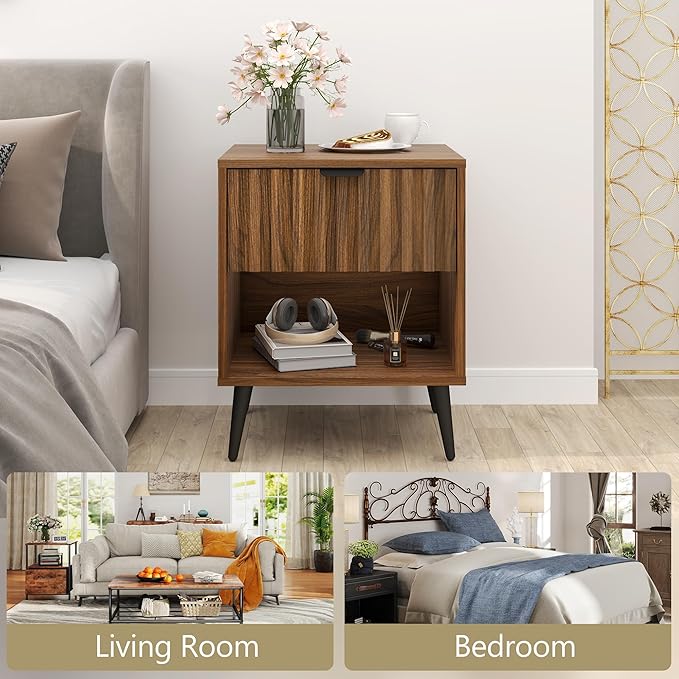 Fluted Nightstand, Natural Wood Nightstand with Drawer and Open Storage, Mid Century Fluted Side Table Modern Bedside Stand with Wood Veneer for Bedroom, Office, Walnut&Brown