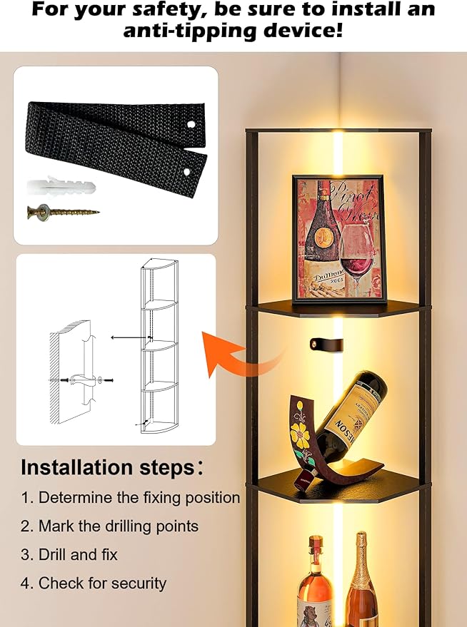 Smart Corner Shelf with Light 5-Tier Display Shelf & Floor Lamp w/ APP & Remote Control RGB LED Display Curio Case for Collectibles Dimmable Space-Saving Corner Shelves for Living Room Bedroom Decor