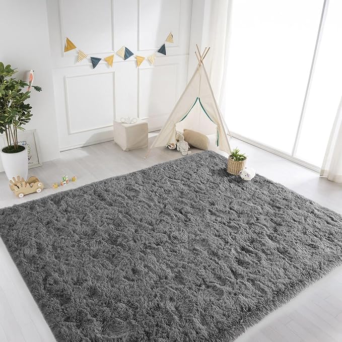 Grey Fluffy 9x12 Area Rug for Living Room, Plush Shag Rugs for Bedroom, Large Soft Furry Carpets for Kids Room, Modern Indoor Nursery Carpet for Classroom Dorm Cozy Comfy Home Decor