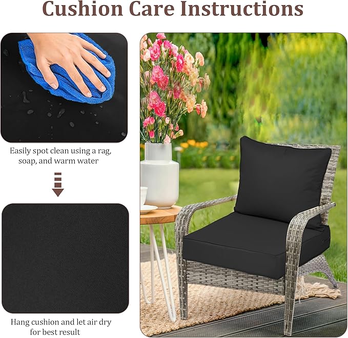 Waterproof Outdoor Chair Cushion Set of 4, 19x19x4 IN Deep Seat Patio Cushions with Fade Resistant Removable Cover,Outdoor Cushions for Patio Furniture with Ties&Handle for Chair Sofa Couch,Black