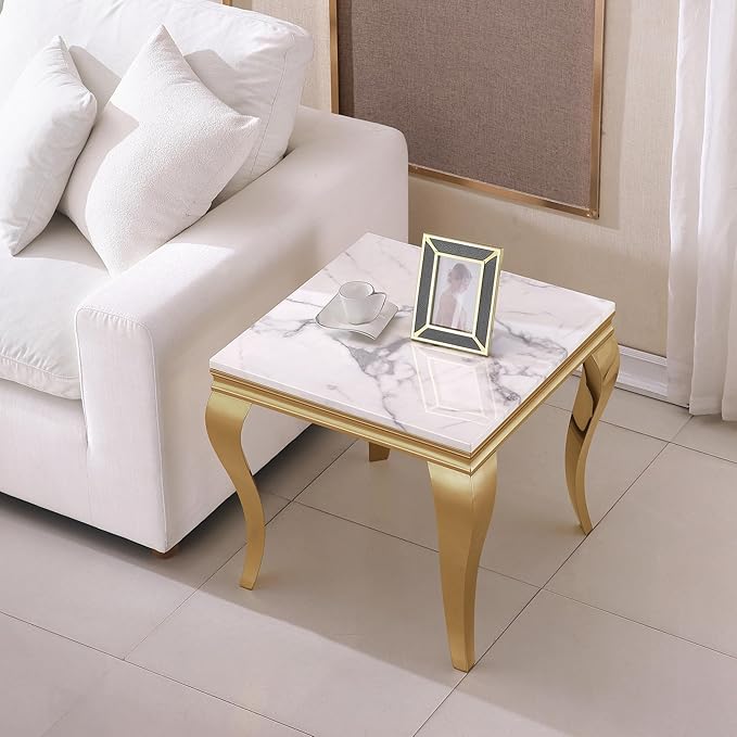 SSLine Modern White Faux Marble End Table Luxury Square Sofa Side Table with Gold Curved Legs Mid-Century Elegant Bedside Table w/Mirrored Stainless Steel Frame for Living Room Bedroom