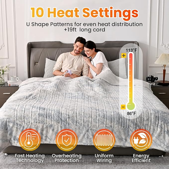 WOOMER Heated Blanket Full Size Electric Blanket 77"x 84", Soft Faux Fur Fast Heating Blanket, 10 Heating Levels & 0.5-12H Auto Off, Over-Heat Protection, ETL Certification