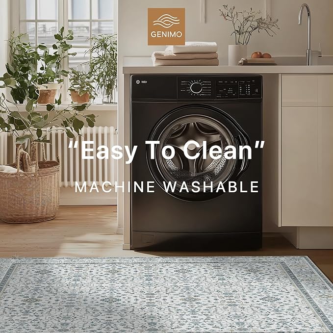 GENIMO Washable Area Rugs for Living Room Bedroom, 5x7 Boho Vintage Non Slip Rug, Low Pile Soft Floral Indoor Floor Carpet Cover for Dining Room Kitchen, Retro Gray Blue