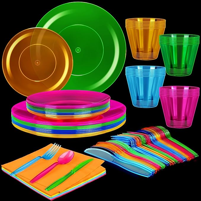112 PCS Neon Party Supplies Serves 16 Including 7.5 & 10.25 In Disposable Plastic Neon Plates 9 Oz Cups Cutlery Napkins Tableware Set Dessert Cake Plates for Blacklight Party Birthday