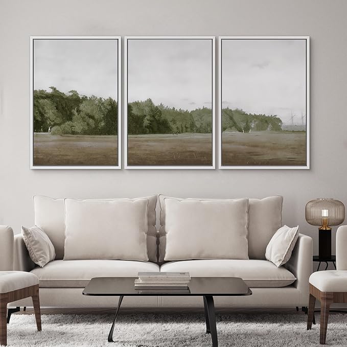 SIGNWIN Framed Canvas Print Wall Art Set Cloudy Sky Over Green Forest Clearing Nature Wilderness Illustrations Modern Art Chic Landscape for Living Room, Bedroom, Office - 24"x36"x3 White