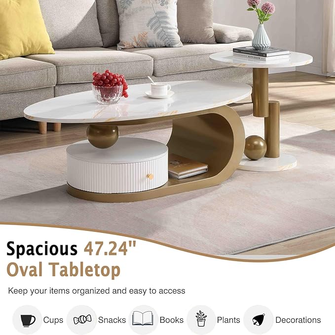 Marble Nesting Coffee Table Set of 2,Modern Oval Center Tea Table and Round Side Nightstand Set w/Drawer andFaux Marble Top and Metal Frame for Living Room Accent Furniture (Gold White)