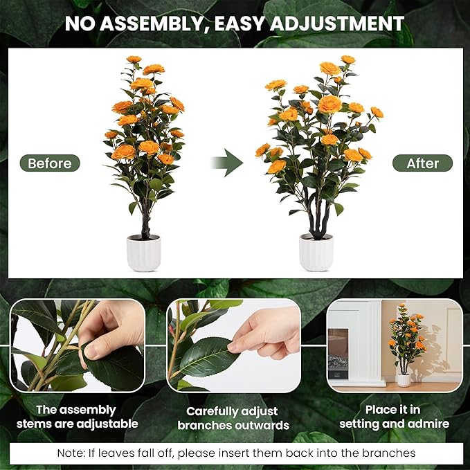 3.2FT Artificial Camellia Tree, Orange Silk Flowers, Indoor Faux Plants with Realistic Trunk in White Cement Pot for Home House Living Room Bedroom Office Decor, 1pc