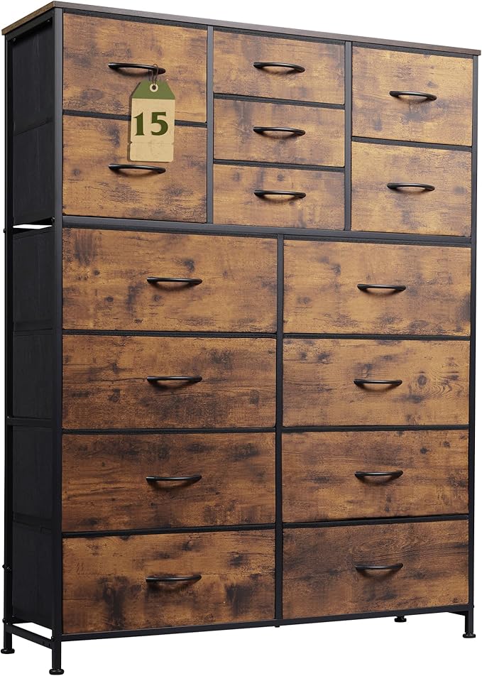 WLIVE Tall Console Table with 15 Fabric Drawers, Entryway Table with Storage, Tall Storage Organizer with Wood Top, Steel Frame for Living Room, Hallway, Office, Rustic Brown
