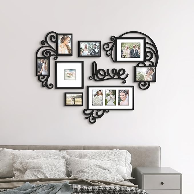 J.M.Deco 7 Pack Vintage Picture Frames, Love Shape Heart Photo College Frames, Valentine Display Multiple Photos For Family Home Living Room 4''x4'' / 4''x6''/ 5''x7''/ 5''x8'' Frames Set | Black