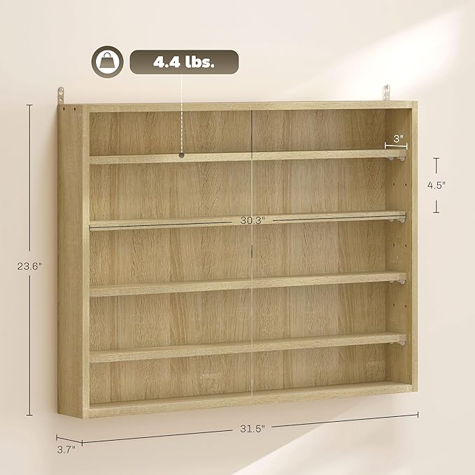 HOMCOM 5-Tier Display Cabinet, Glass Door Cabinet with Adjustable Shelves, Wall-Mounted Display Case for Playroom, Bedroom, Oak