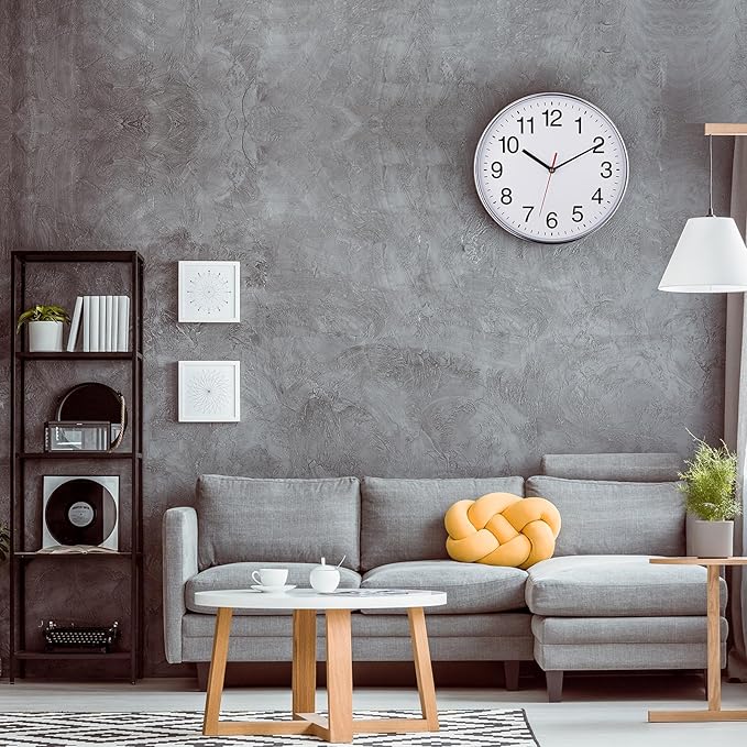 Plumeet Silent Wall Clock - 12" Non Ticking Quartz Black Wall Clocks - Simple Design Wall Clocks for Living Room Decor, Battery Operated, Chrome