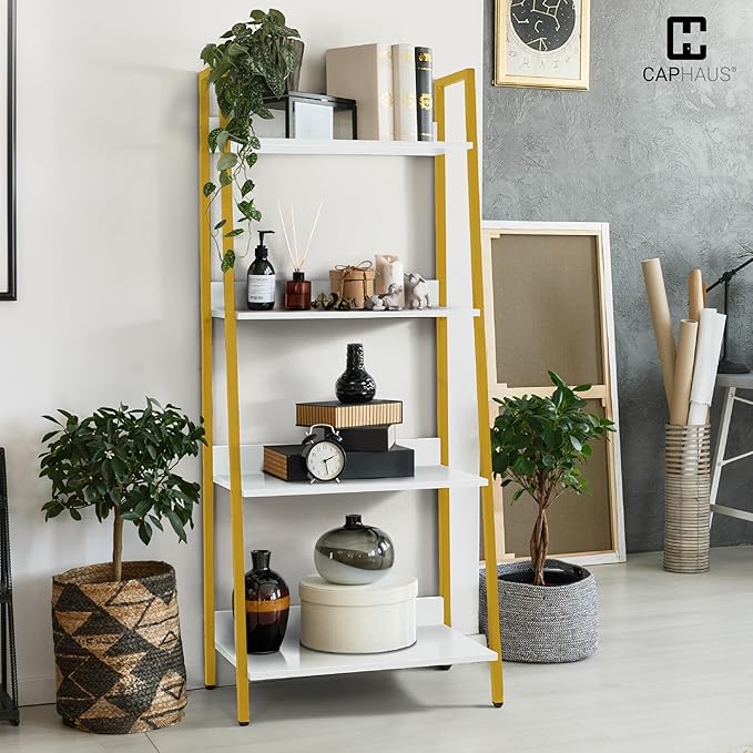 CAPHAUS 4 Tier Ladder Bookshelf, 24 Inch Width Free Standing Shelf, Bookcase Shelf Storage Rack Organizer, Industrial Book Shelves for Home Office, Living Room, Kitchen, White Shelves & Gold Frame