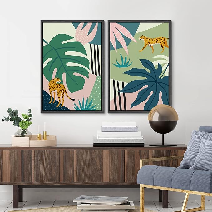 MUDECOR Framed Canvas Print Wall Art Jungle Cheetahs with Tropical Monstera Leaves Abstract Shapes Illustrations Modern Bohemian Nature Colorful for Living Room, Bedroom, Office - 24"x36"x2 Black