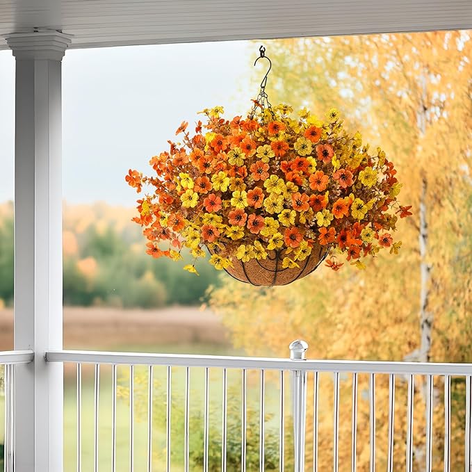 Artificial Fake Hanging Baskets Fall Flowers for Outdoors Autumn Decoration, 12 PCS Faux Daisy Silk Plants Outside UV Resistant Look Real Yard Patio Front Porch Balcony Home Decor (Orange Yellow)