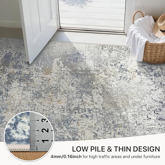 GENIMO 8x10 Washable Area Rugs for Living Room Bedroom, Modern Abstract Low Pile Soft Non Slip Rug, Contemporary Indoor Floor Carpet Cover for Dining Room Kitchen, Sky Blue