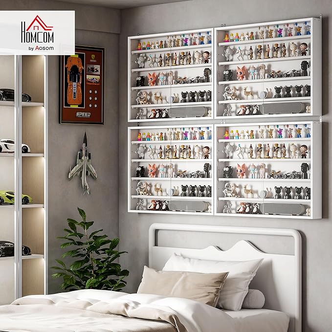 HOMCOM 5-Tier Display Cabinet, Glass Door Cabinet with Adjustable Shelves, Wall-Mounted Display Case for Playroom, Bedroom, White