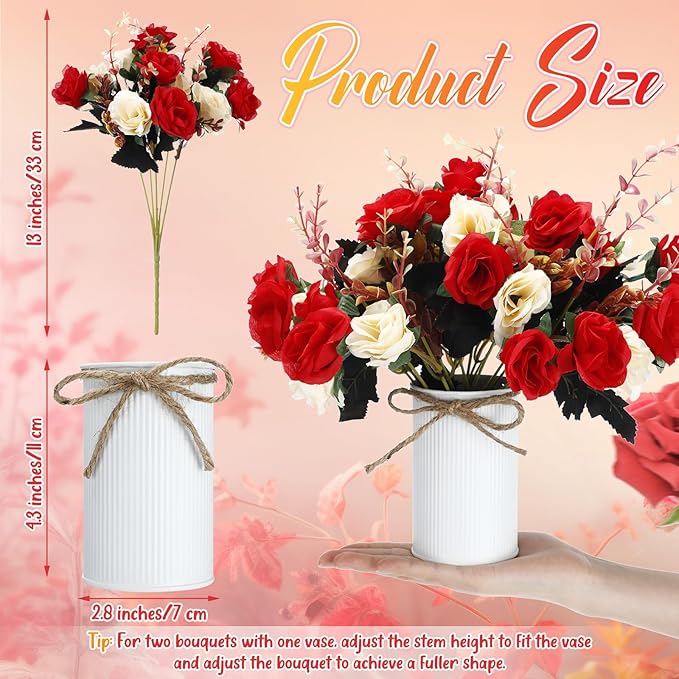 Domensi 6 Sets Wedding Centerpiece for Table Artificial Rose with Vase Fake Bouquets and Metal Pot Floral Arrangements for Holiday Party Event Table Decor (Red)