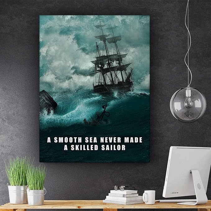 SuccessHunters A Smooth Sea Never Made A Skilled Sailor Wall Art Canvas Print Office Decor Motivational Entrepreneur Quote (8 x 8 in)