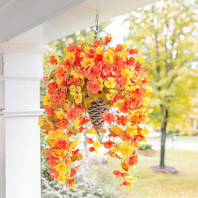 Ivydale Artificial Hanging Flowers with Basket for Outdoor Fall Decoration, Fake Hibiscus Vines Faux Plants Realistic Silk Flowers for Planters Outside Home Patio Porch Balcony, Fall YellowOrange