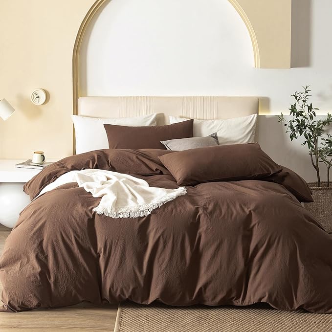 JIYUAN 100% Washed Cotton Duvet Cover Set 3 Pieces Cal King, 1 Duvet Cover 104x98 Inches(Comforter Not Included) and 2 Pillowcases,Linen Feel Bedding Set Comfy and Breathable,Chocolate Brown