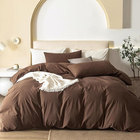 JIYUAN 100% Washed Cotton Duvet Cover Set 3 Pieces Cal King, 1 Duvet Cover 104x98 Inches(Comforter Not Included) and 2 Pillowcases,Linen Feel Bedding Set Comfy and Breathable,Chocolate Brown