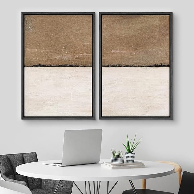 MUDECOR Framed Canvas Print Wall Art Set Brown Tan Pastel Landscape Abstract Shapes Modern Art Decorative Bohemian Calm/Zen for Living Room, Bedroom, Office - 24"x36"x2 Black