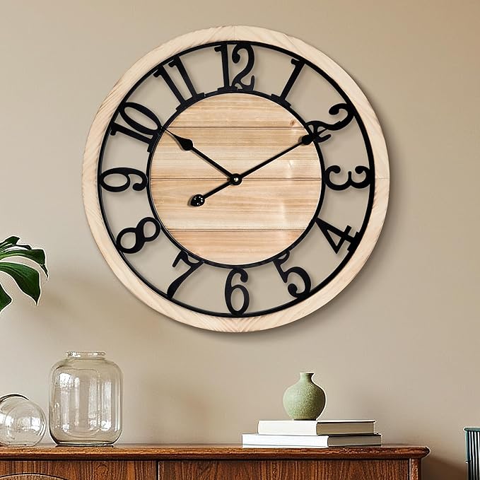 Maxstar 24'' Wall Clock for Living Room Decor, Ultra-Silent Rustic Wooden Farmhouse Wall Clock with Metal & Real Wood Frame, Battery Operated, for Kitchen Bedroom Office, Arabic Numerals