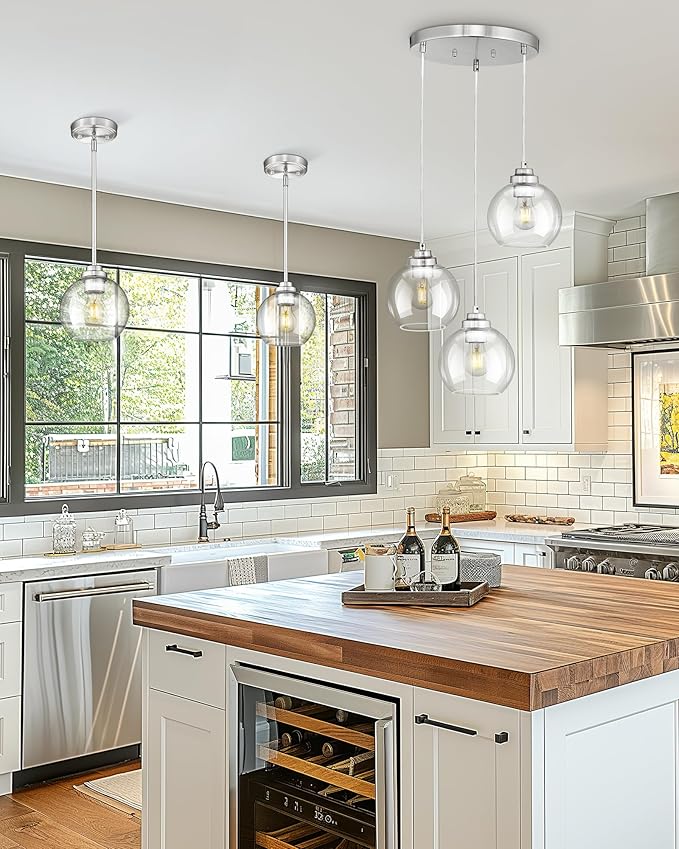Globe Cluster Pendant Light, 3-Light Hanging Light Fixture with Brushed Nickel Finish, Clear Glass Kitchen Island Lighting for Dining Room Living Room Laundry Entrance Foyer, ZCPL101BN-3C
