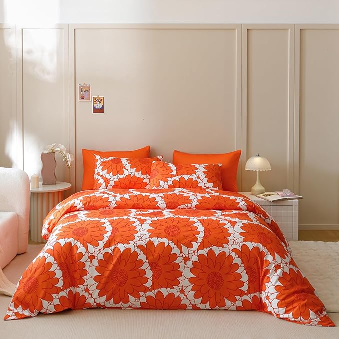 CLOTHKNOW Sunflower Twin/Twin XL Comforter Set Rust White Floral Bedding Comforter Sets Dark Orange White Farmhouse Botanical Comforter with 2 x Pillow Cases