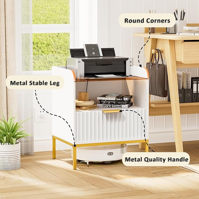 Nightstand Set of 2 with Charging Station, Mid Century Modern Night Stand, Fluted Bedside Table with Glass Top & Metal Legs, Wood End Table for Bedroom, Living Room (White)