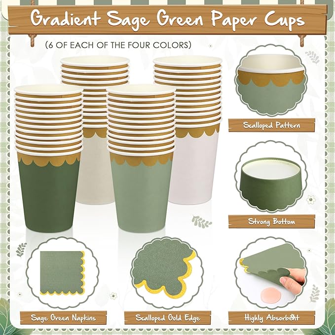 169 Pcs Sage Green Plates and Napkins Party Supplies for Guests Sage Green Tableware Include Scalloped Plates Paper Napkin Cup Spoon Fork Knife for Baby Shower, Wedding, Birthday