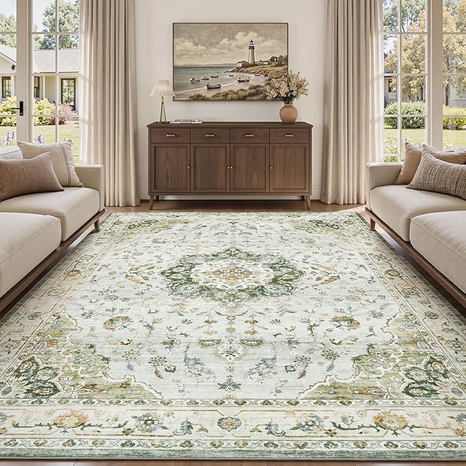 PADOOR-Vintage Area Rug 9X12 Rugs for Living Room-Soft Green Rugs for Bedroom-Machine Washable Rug Non Slip Carpet-Rug for Dining Room Living Room Bedside Office