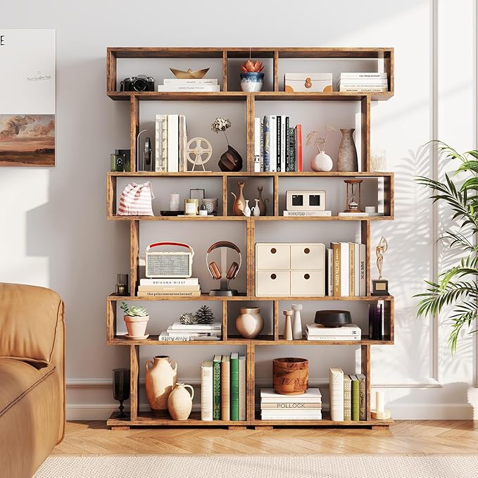 Tangkula 6-Tier S-Shaped Bookshelf, 64" Freestanding Geometric Bookcase, Home Office Wood Storage Shelf with Anti-Toppling Device, Room Divider Display Rack for Study, Living Room (2, Rustic Brown)