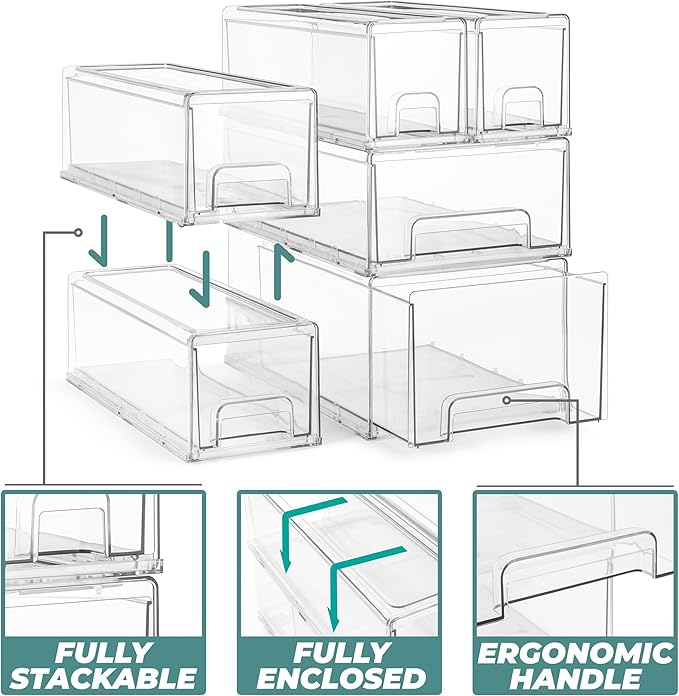 Sorbus Small Clear Stackable Storage Drawers – 4-Pack Plastic Organizer Bins with Handles – Stackable Pull-Out Storage Drawers for Closet, Pantry, Office, Bathroom, Craft, and Toy Organization