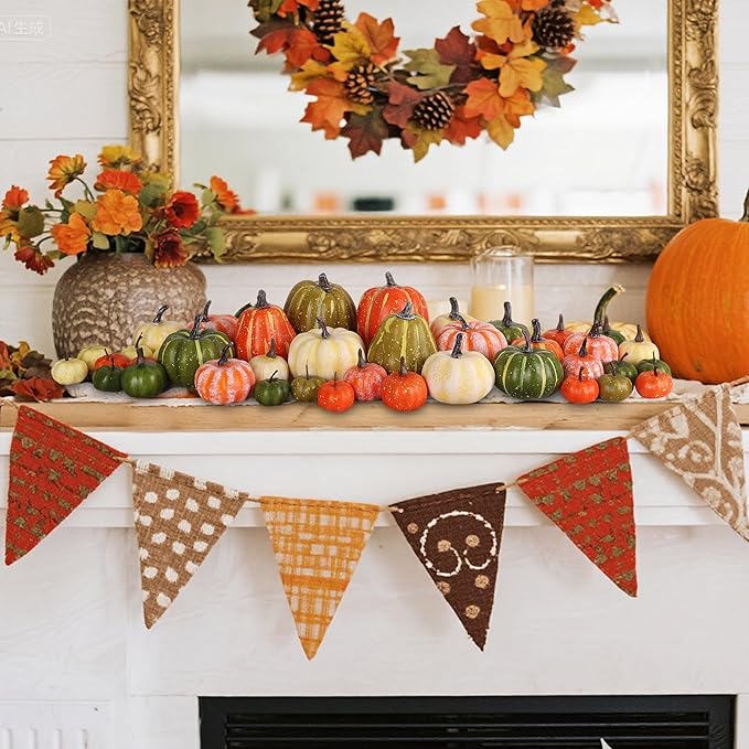 winemana 46 Pcs Assorted Size Artificial Pumpkins Fall Decorations, Mixed-Color Foam Pumpkin Autumn Decor, Decorative Faux Pumpkin for Thanksgiving Table Centerpiece Mantle Bowl Wedding Party