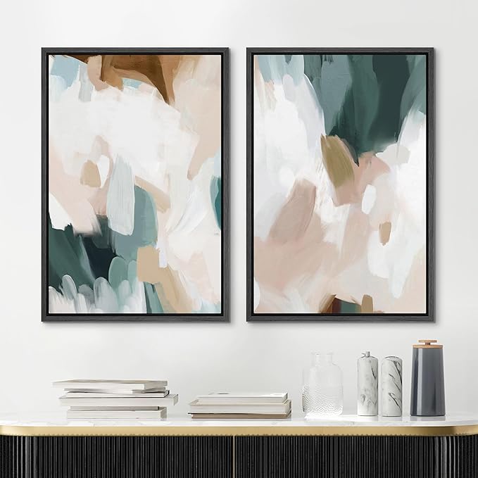 MUDECOR Framed Canvas Print Wall Art Watercolor Pastel White Blue Pattern Abstract Illustrations Modern Art Decorative Bohemian Colorful Chic for Living Room, Bedroom, Office - 16"x24"x2 Black