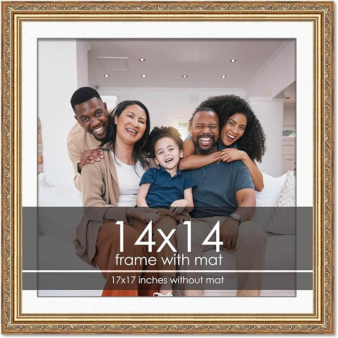 14x14 Frame with Mat - Antique Gold 17x17 Frame Wood Made to Display Print or Poster Measuring 14 x 14 Inches with White Photo Mat