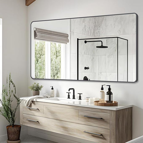 30" x 55"Bathroom Mirror, Matte Black Wall Mirror with Metal Frame, Decorative Rectangular Vanity Mirror for Bedroom Bathroom Living Room Entryway (Horizontal/Vertical)