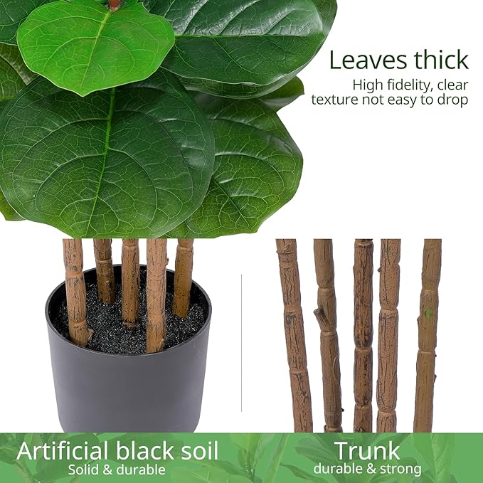 Faux Fiddle Leaf Fig Tree 6 FT - Artificial Ficus Tree with Tall Artificial Plants 69 Fiddle Leaves Greenery - Lifelike Fake Tree for Home Decor Living Room Indoor Outdoor