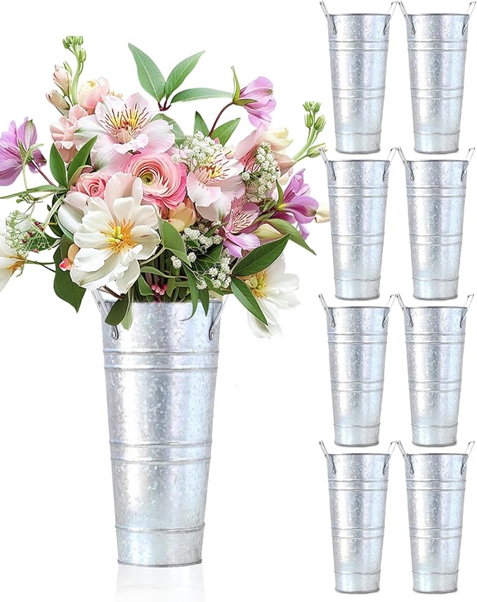 12 Inch Galvanized Flower Buckets - 8 PCS Galvanized Metal Vases for Flowers Tin Flower Holders for Home Decor Wedding Centerpieces Indoor Outdoor Use