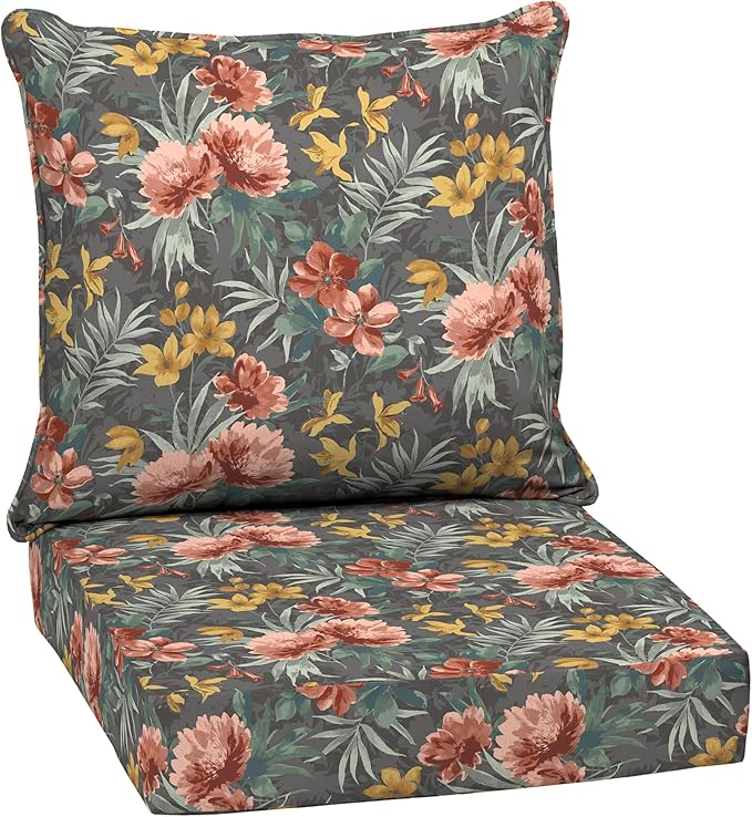 Arden Outdoor Deep Seat Cushion Set, 24 in x 24 in, Weather-Proof, Rain-Proof, Fade Resistant Patio Cushion for Chair, Sofa, and Couch Phoebe Grey Floral