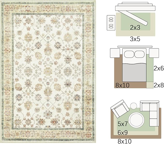 jinchan Area Rug 2x3 Washable Vintage Floral Rug Indoor Entryway Non-Slip Door Mats Soft Carpet for Living Room Bedroom Bathroom Home Office Cream