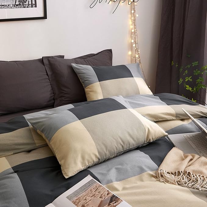VM VOUGEMARKET Plaid Duvet Cover King,Black Gray Checkered Bedding Set with Zipper Ties,Simple Luxury Boys Men Comforter Cover Set Soft Cotton Home Bedding-104x90